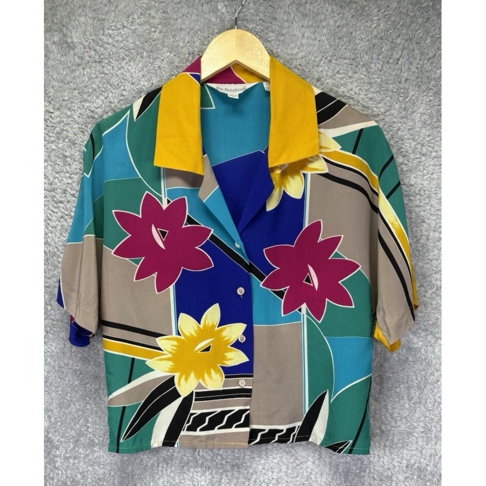 Vintage 80s 90s Womens Silk Button Up Shirt Sz 8 Abstract Colorful Crop Collared